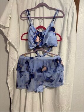 Light Blue Marble Print Bikini Set with Skirted Bottom